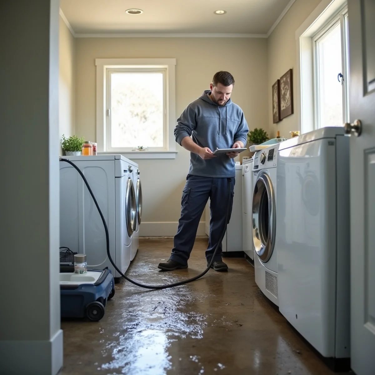Water damage cleanup from a washing machine overflow in a Daly City laundry room