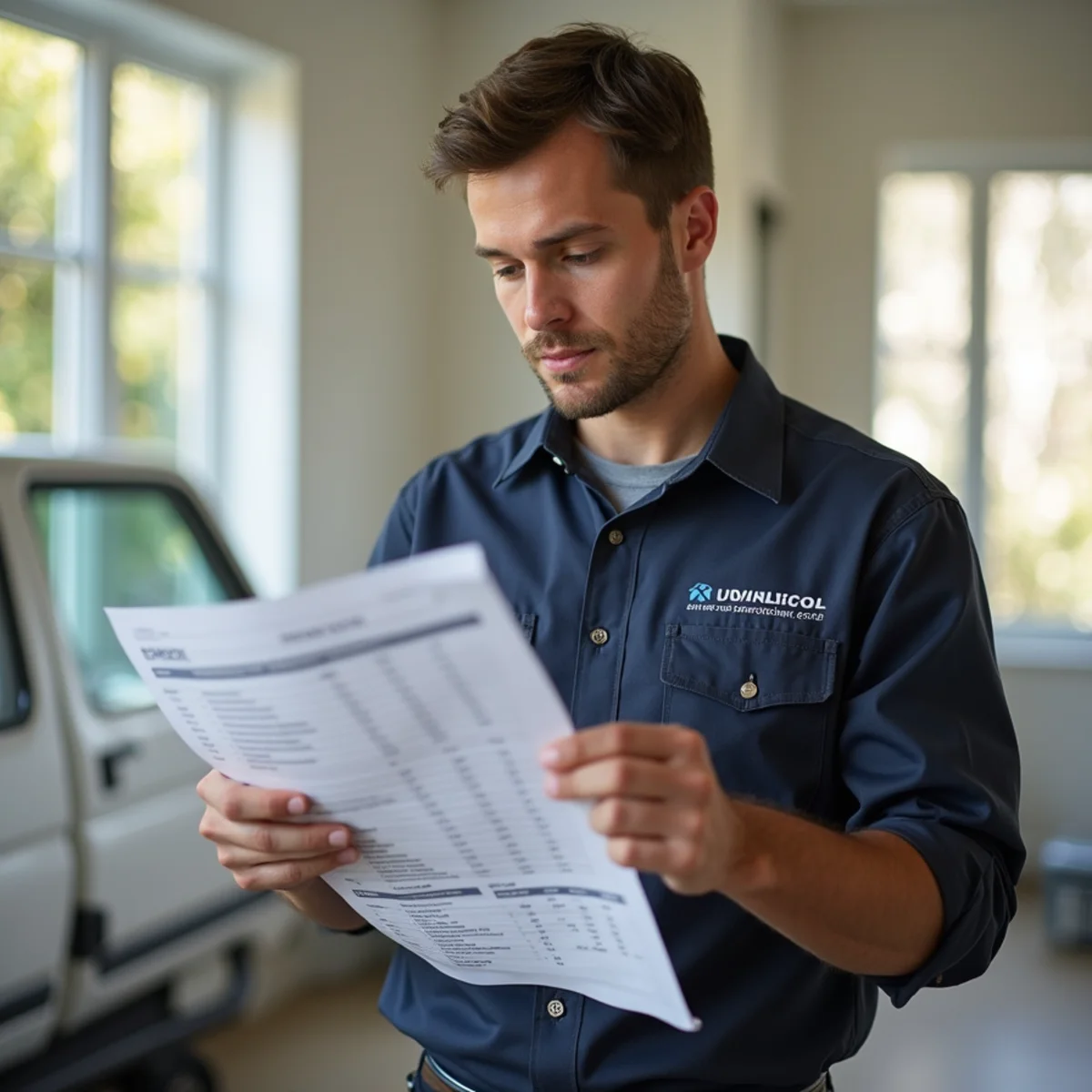 Estimator preparing an itemized water damage estimate in a Daly City home