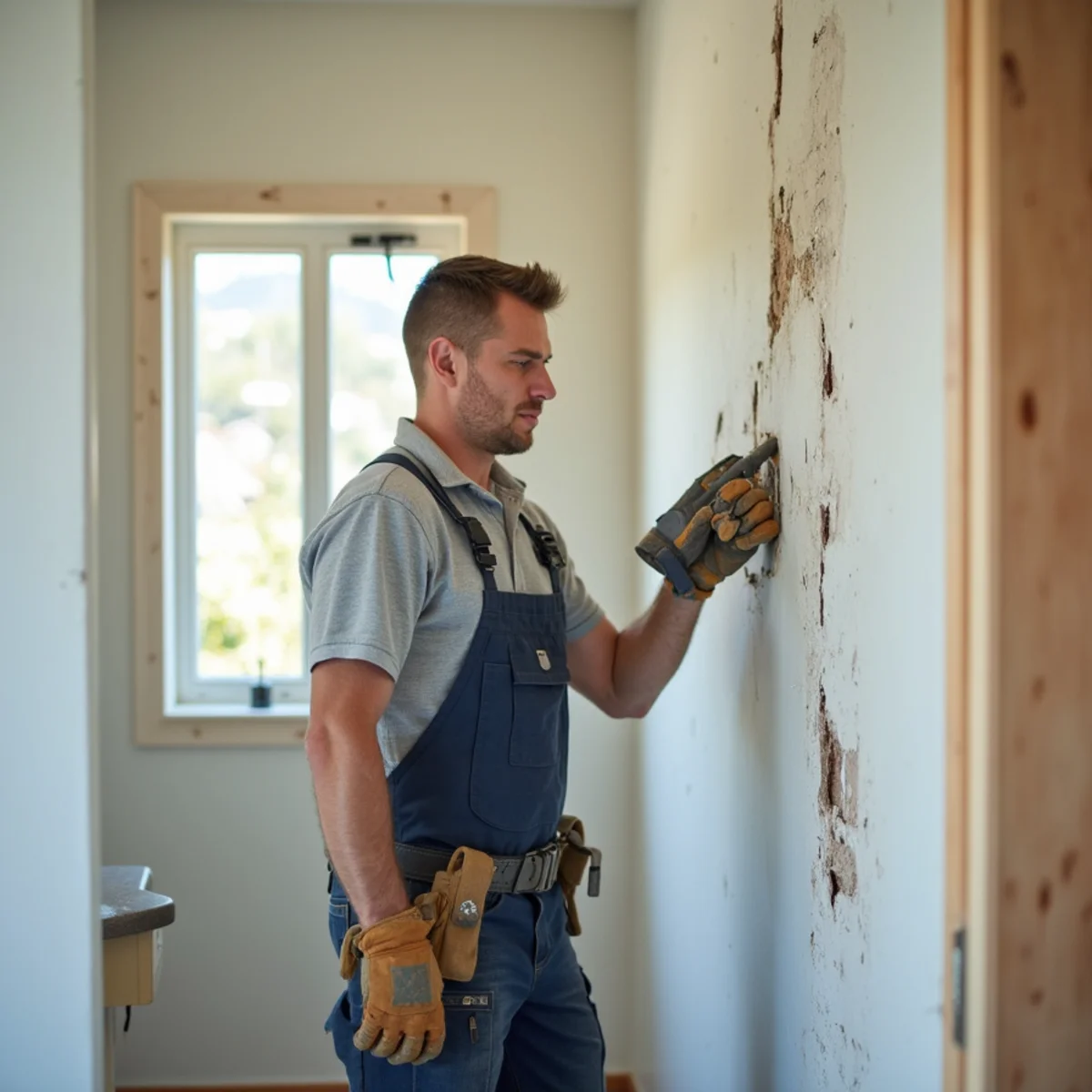 Contractor repairing water-damaged drywall in a Daly City home
