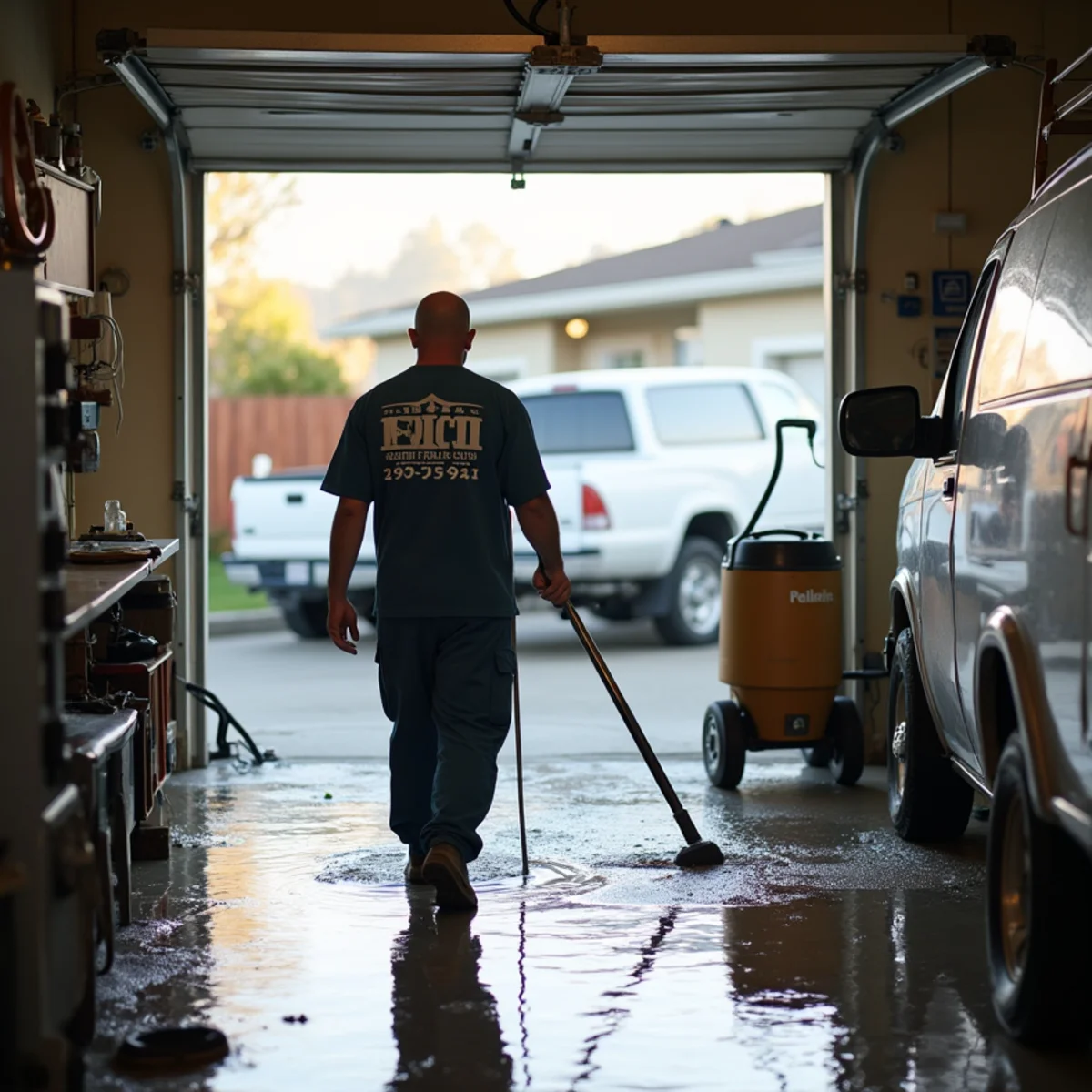 Cleanup of water from a burst water heater in a Daly City garage
